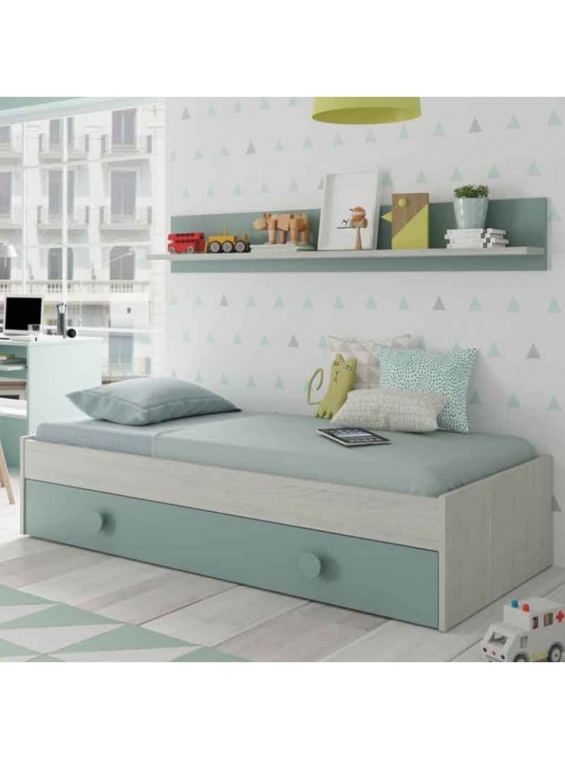 Cama nido barata para dormitorio juvenil blanco y verde pastel.