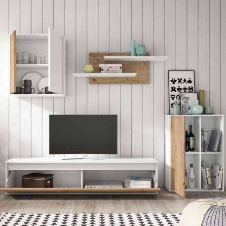 Mueble salón estilo escandinavo color blanco y natural
