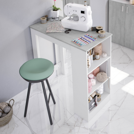 Mesa cocina bar alta con estantería color blanco y cemento