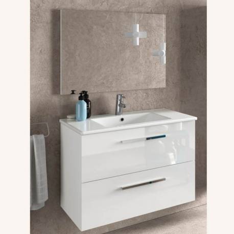 Mueble para Baño con Lavabo + Armario Blanco Brillo (Incluye Lavabo y  Espejo) 