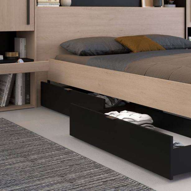 Cama de matrimonio Melamina Madera claro - Negro 164x83x194