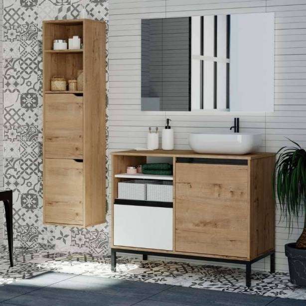 Mueble baño con lavabo Melamina Madera claro - Blanco 100x96x51