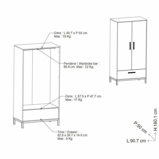 Armario con 2 puertas Melamina Negro - Madera Claro 91x180x50