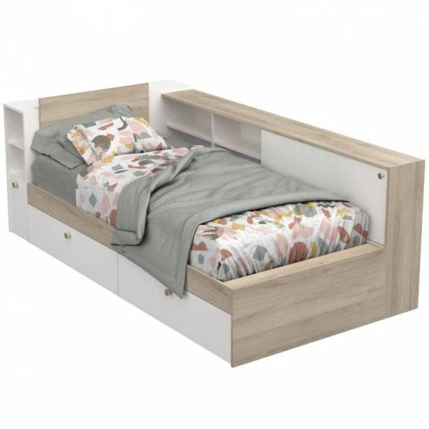 Cama Juvenil Melamina Blanco - Madera claro 229x88x119