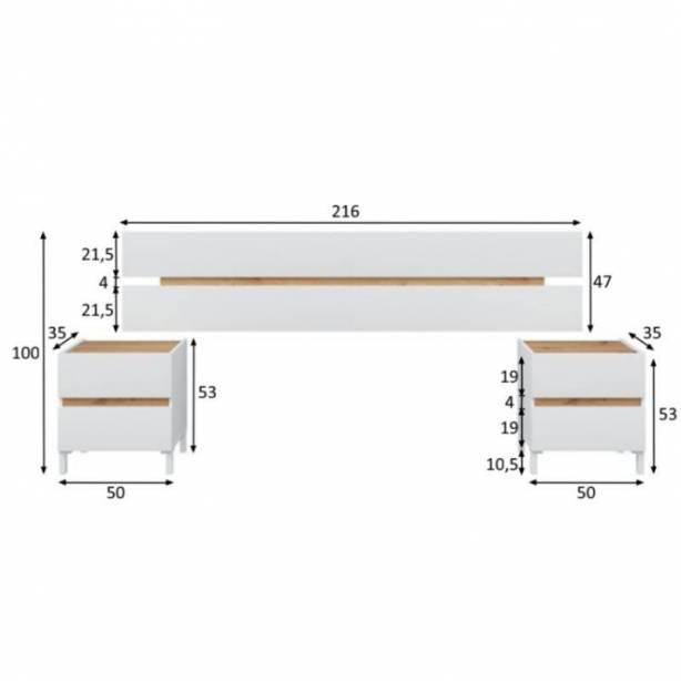 Cabecero de cama con mesitas Melamina Madera claro - Blanco 216x100x35