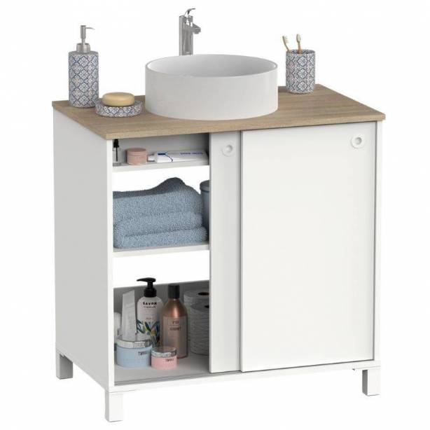 Mueble baño con lavabo Melamina Blanco - Madera claro 81x94x50