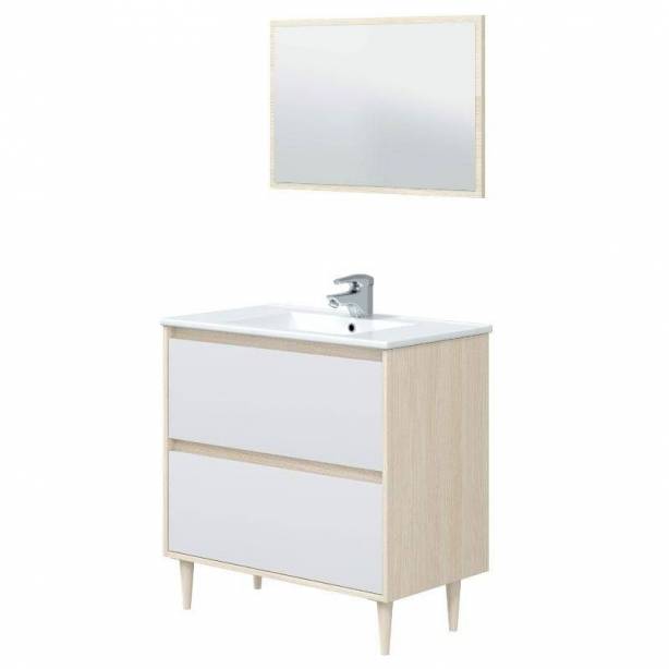 Mueble baño con lavabo Melamina Blanco - Madera claro 80x80x45