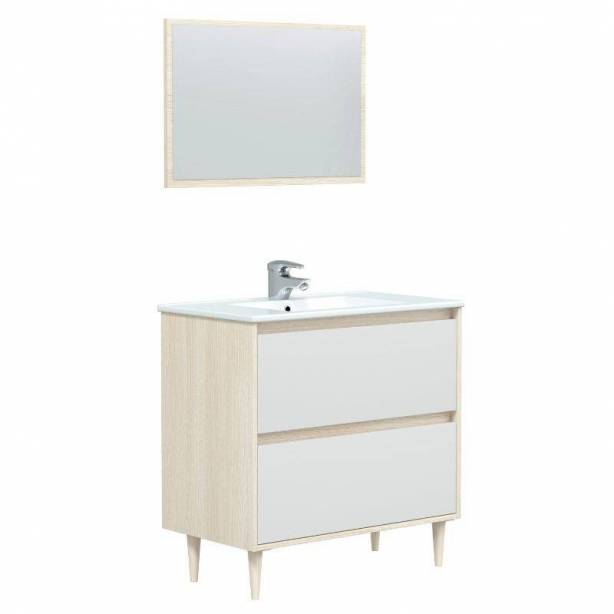 Mueble baño con lavabo Melamina Blanco - Madera claro 80x80x45