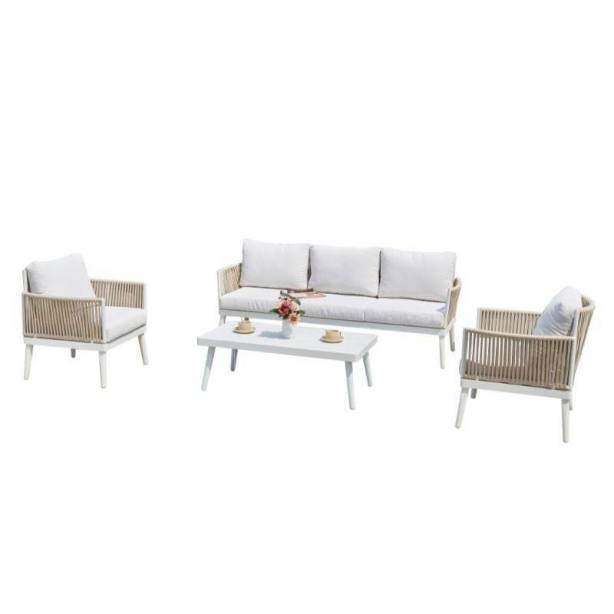 Conjunto 1 Sofá 2 Sillones y mesa de centro exterior Aluminio Blanco