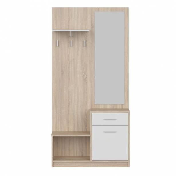 Mueble de entrada Melamina - Cristal Blanco - Madera claro 90x184x31