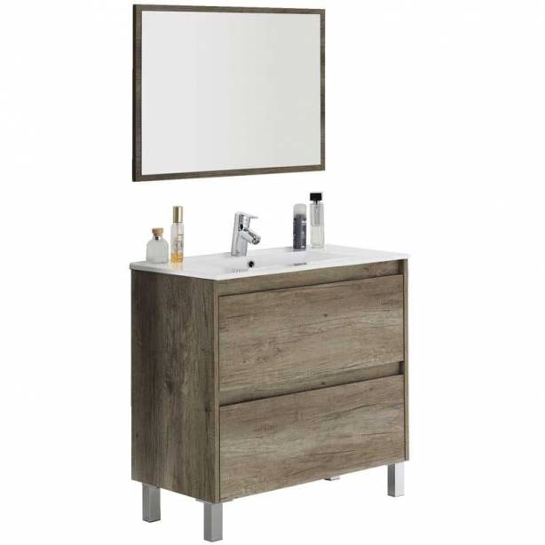 Mueble baño con lavabo Melamina - Metal Madera claro 80x80x45