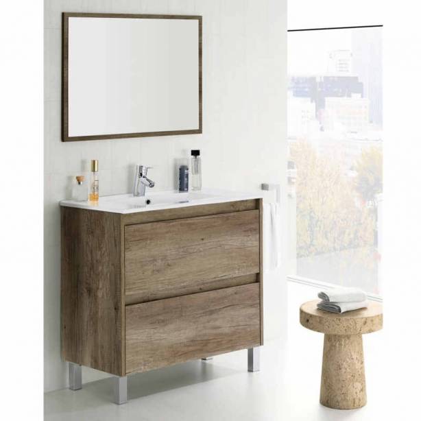 Mueble baño con lavabo Melamina - Metal Madera claro 80x80x45