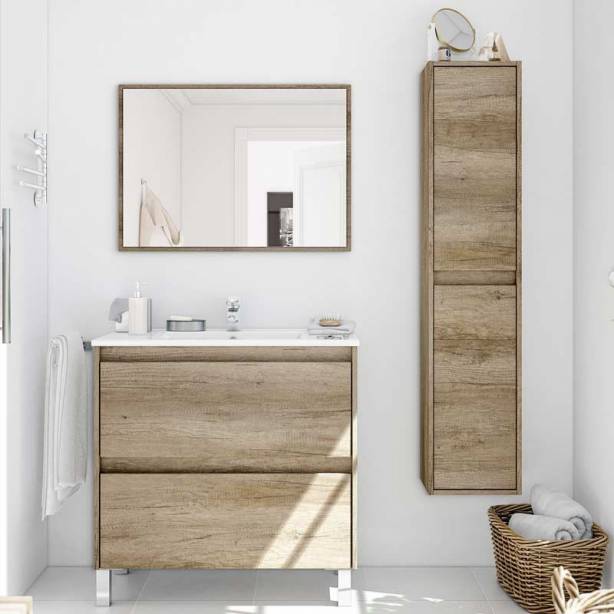 Mueble baño con lavabo Melamina - Metal Madera claro 80x80x45