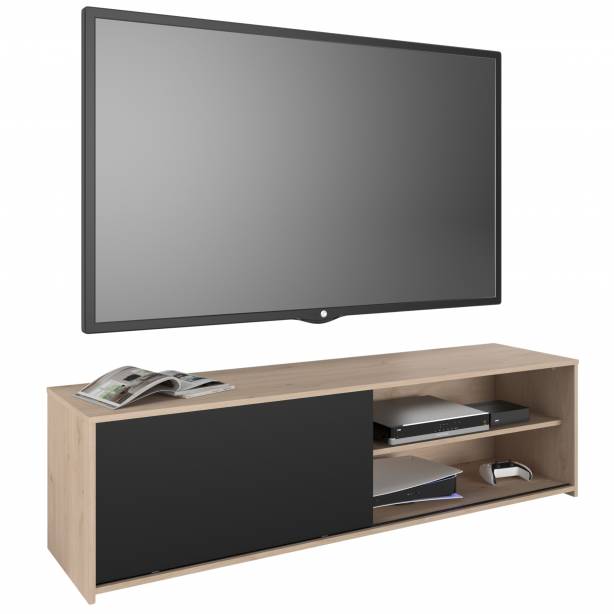 Mueble TV Melamina Negro - Madera Claro 155x43x40
